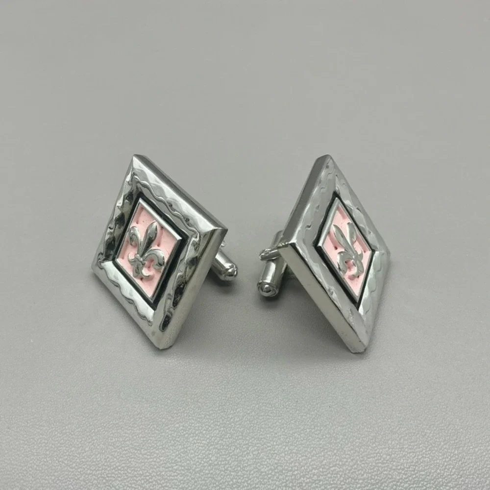 Hickok Cufflinks Vintage Fleur De Lis Pink Enamel Silver Tone Square Men's